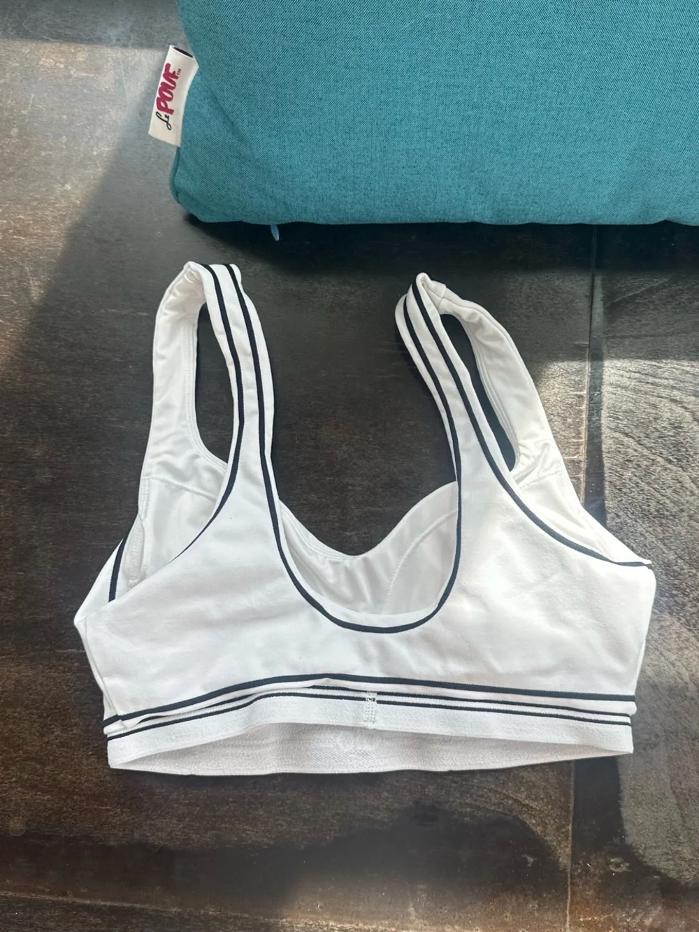 Alo White Sports Bra with Black Stripe Trim